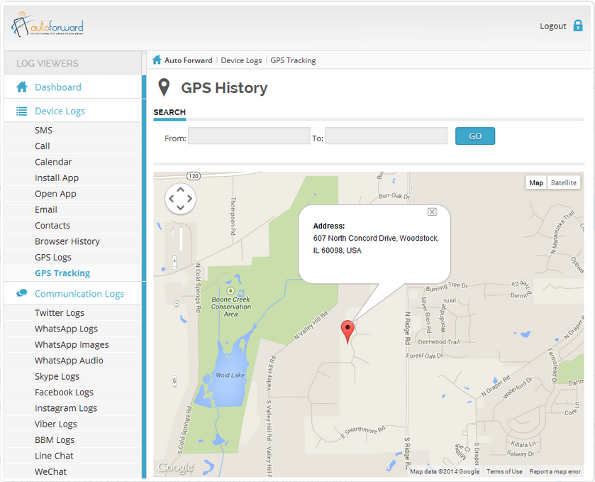 autoforward spy application dashboard preview which displays how gps tracking feature works