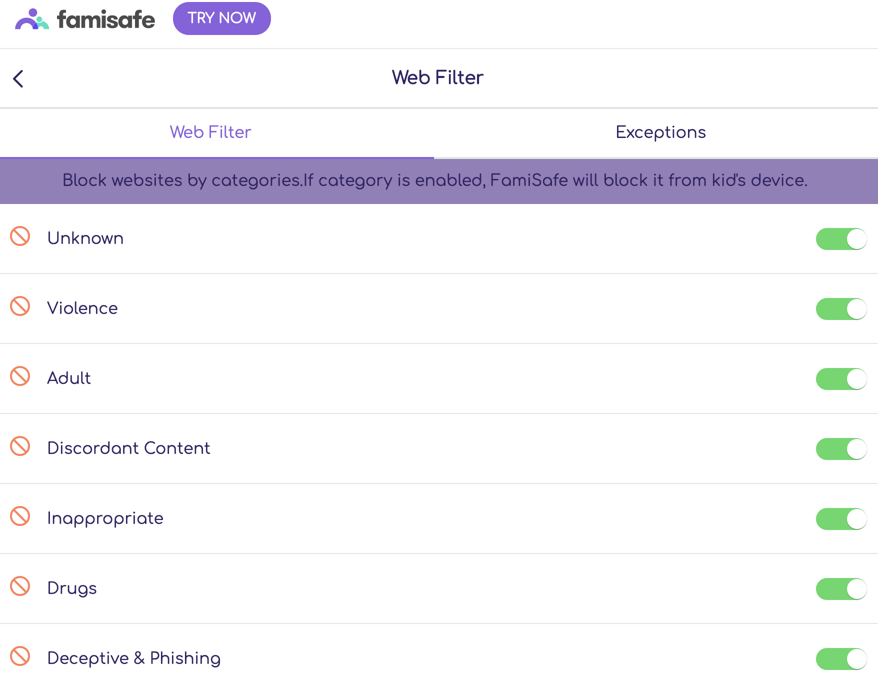 famisafe web filter blocked categories