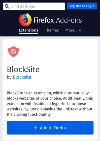 Blocksite addon Firefox browser mobile