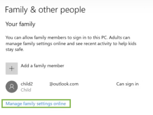 windows 10 manage family settings online