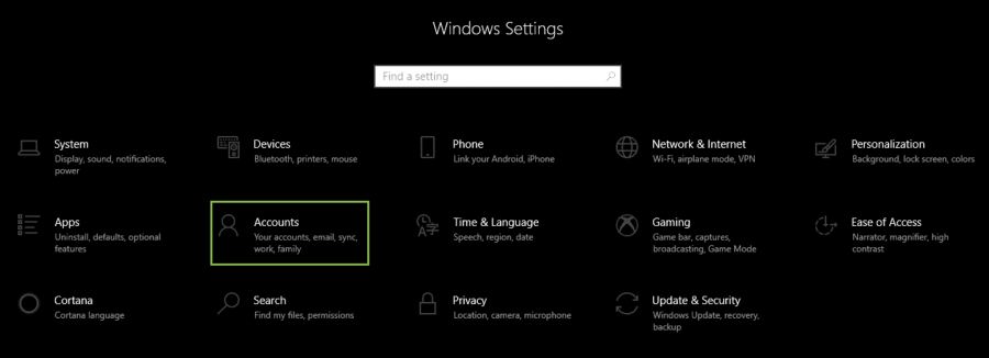 Windows 10 settings menu dark mode