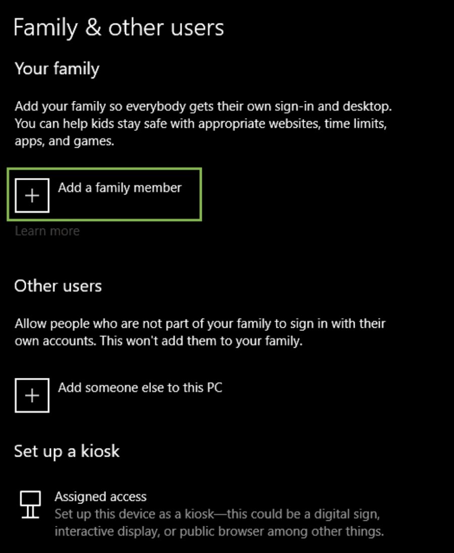 windows 10 settings ass a family member