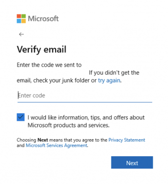 microsoft account sign in email verification window