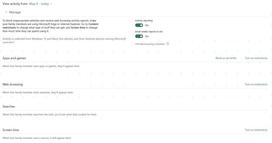 Windows 10 parental control activity timeline