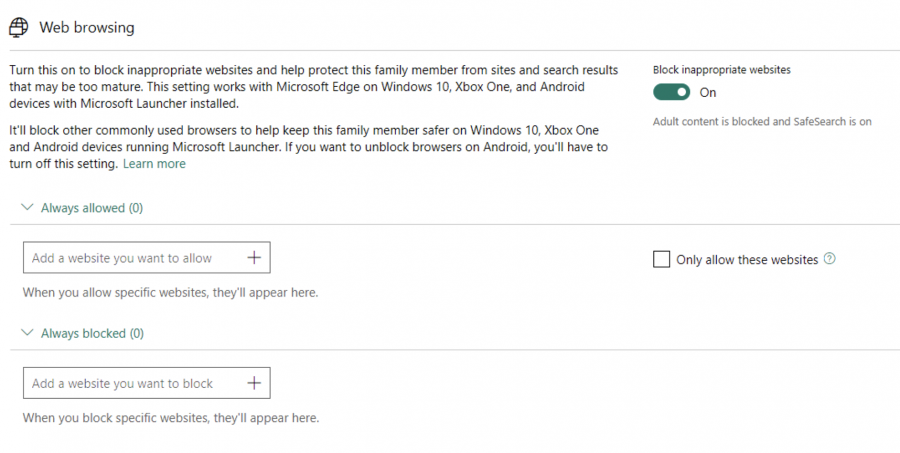 Windows 10 parental control web browsing restrictions