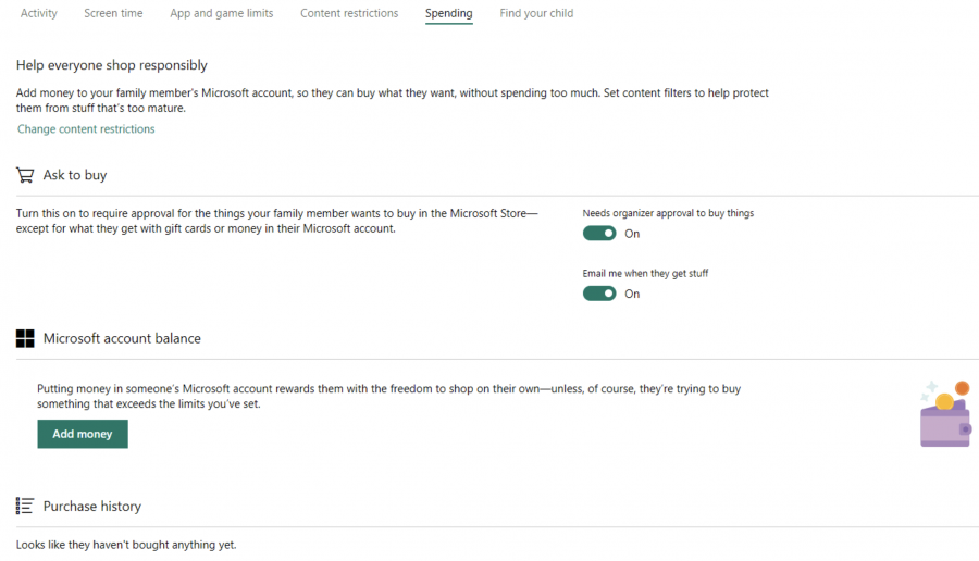 windows 10 parental control spending settings