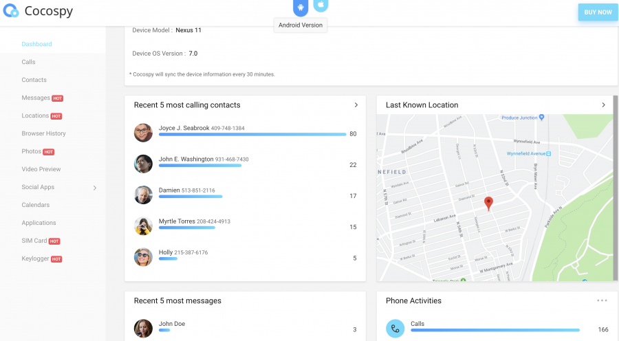 Cocospy control panel overview