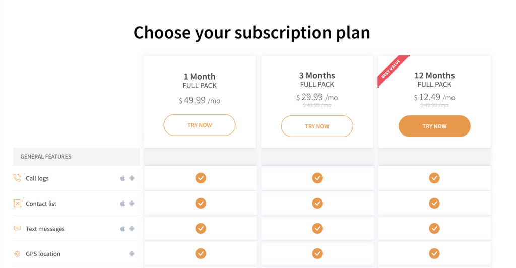 Select a plan of SpyBubble