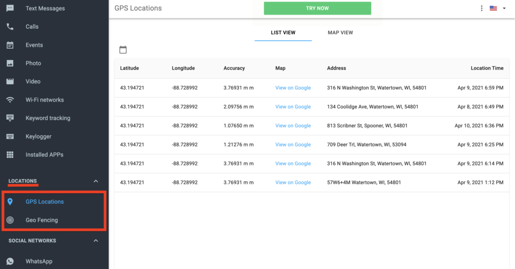 mSpy dashboard location